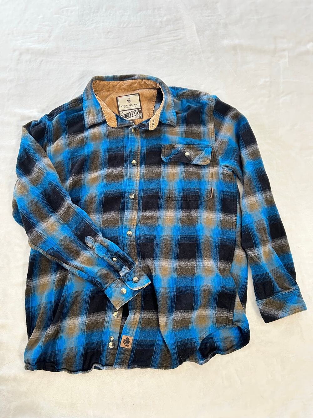 Legendary Whitetails BuckCamp Mens Plaid Flannel Button Up Shirt Blue Black LG